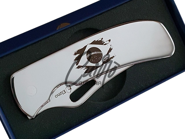 Canivete Monobloco Original Elmo Gravação Bandeira do Brasil com Clipe de Bolso Aço Inox 420hc