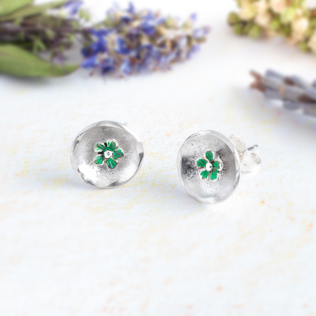 Pendientes de flor de pinchar en plata 925 y tonos verdes