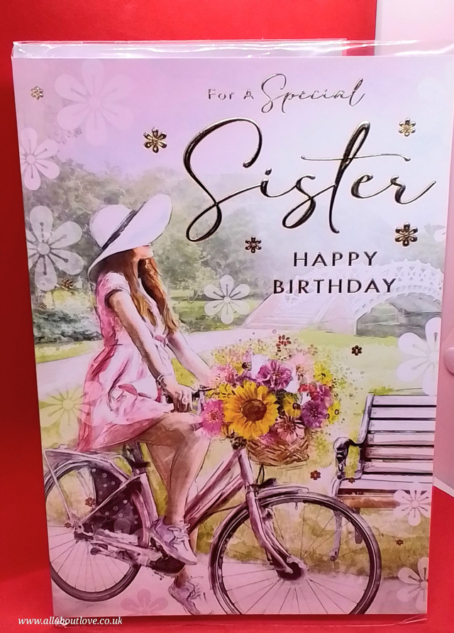 Sister Birthday Card Foil Lettering Girl on a Bike Design 