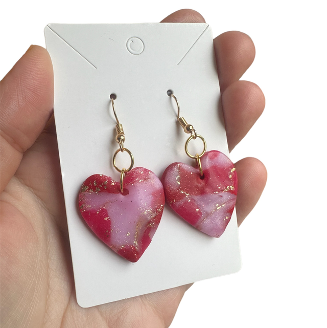 Red Pink and Gold Heart Earrings
