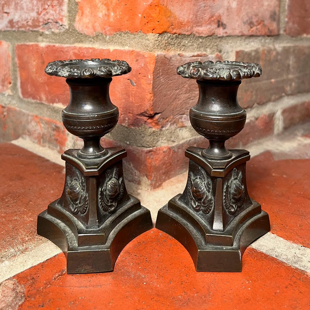 A Pair Of 19th Century Bronze Regency Period Dwarf Candlesticks 