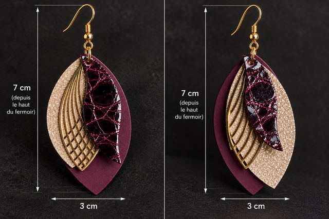 Éclat de Prune & Or – Boucles d’oreilles asymétriques en cuir véritable
