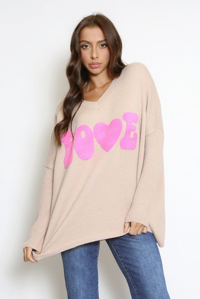 LOVE Slogan Jumper - Beige / Pink