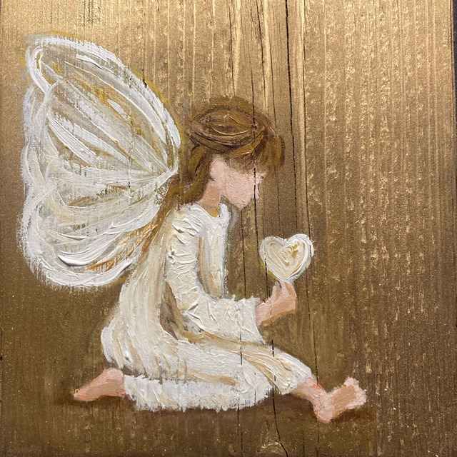 Kleine Engel, geschilderd op hout , handgeschilderd vierkant klein schilderij  