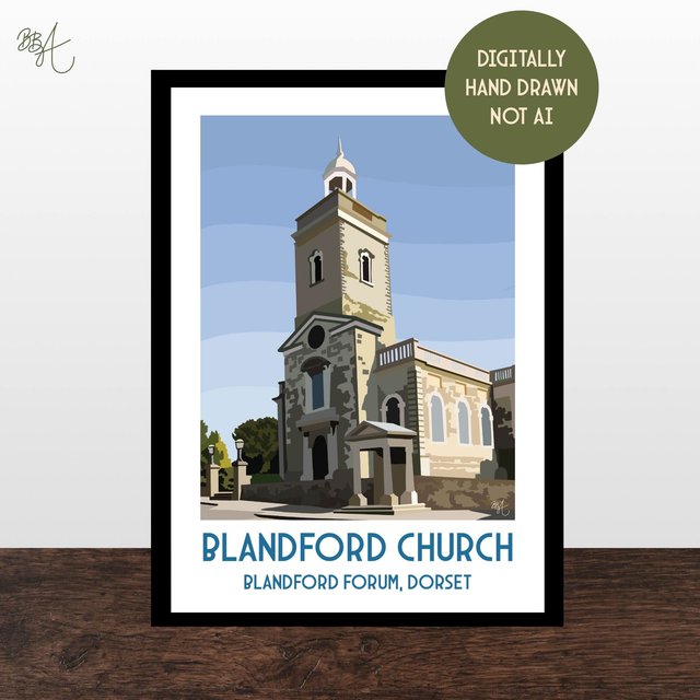 Blandford Church, Travel Poster Print - Vintage Style Dorset Wall Art