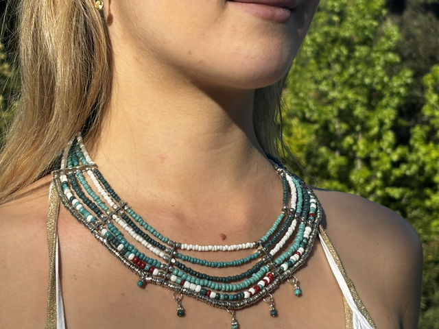 Collar tejido mostacilla múltiple turquesa 