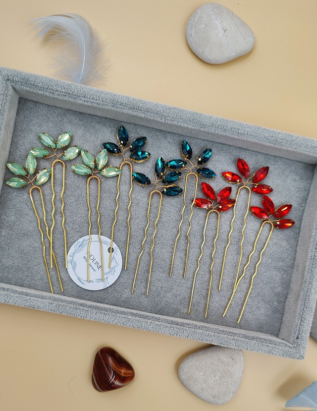 Lot de trois pics à cheveux dorée, cristaux bleu paon, rouge ou vert menthe, accessoire coiffure mariée