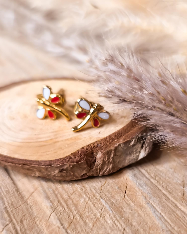 Boucles d'oreilles puces "Libellules" - Modèle rouge et blanc