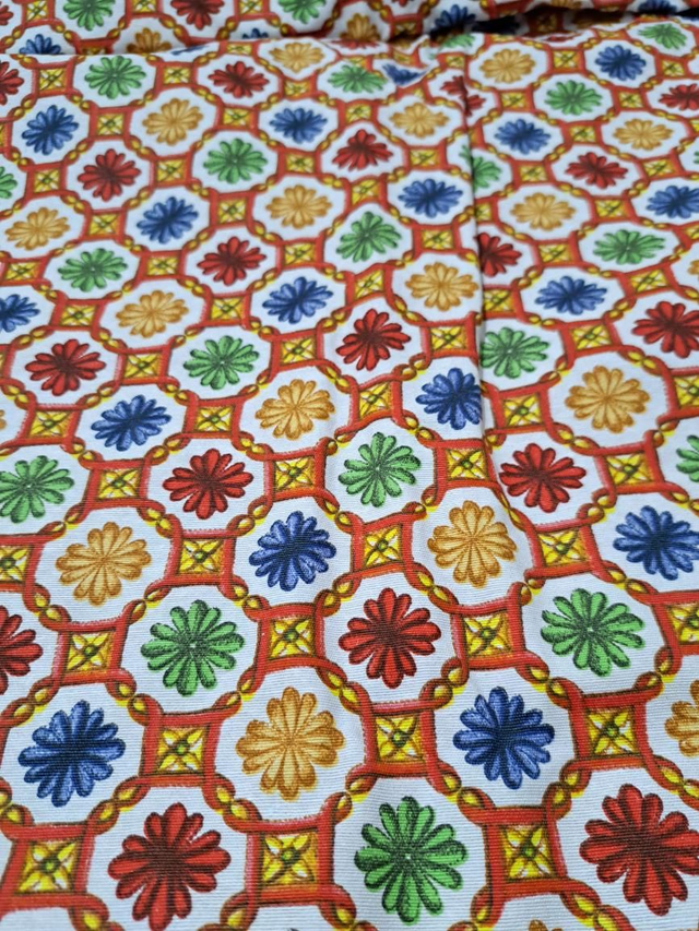 Tessuto siciliano stampa maioliche, h 2,80 m, al metro, misto cotone