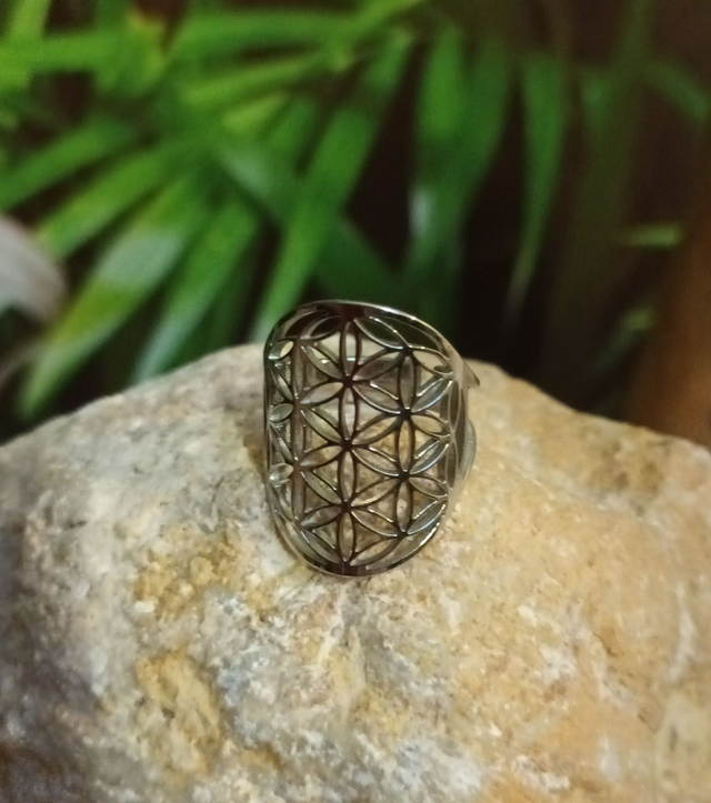 Bague ajustable fleur de vie argent en acier inoxydable