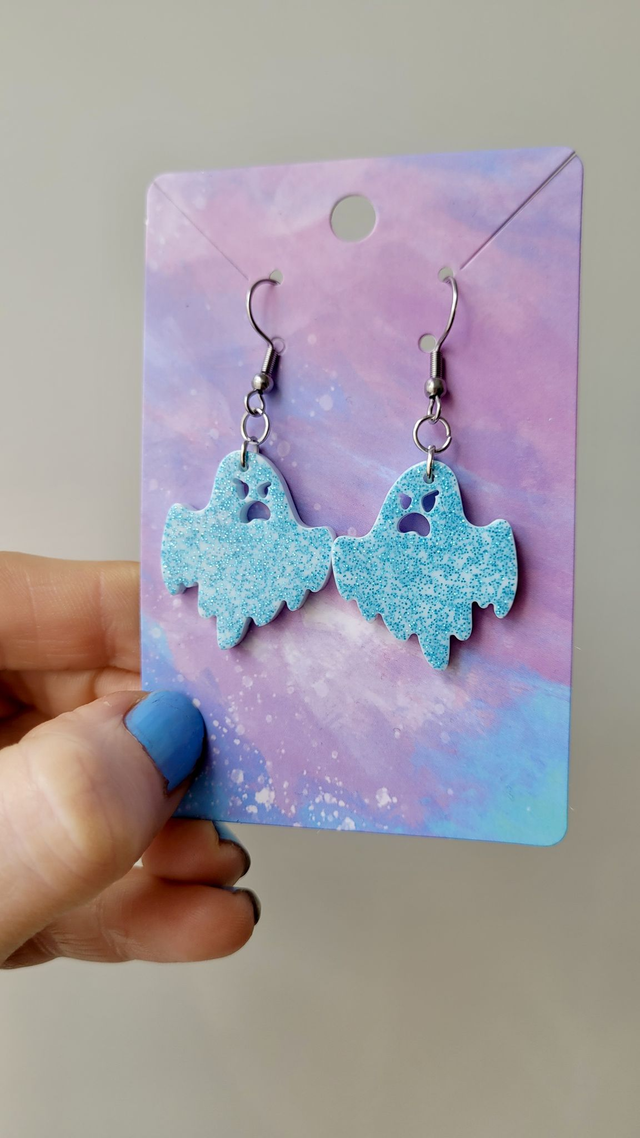 Earrings | Angry Ghost - White with Blue Glitter | Stainless Steel Hooks