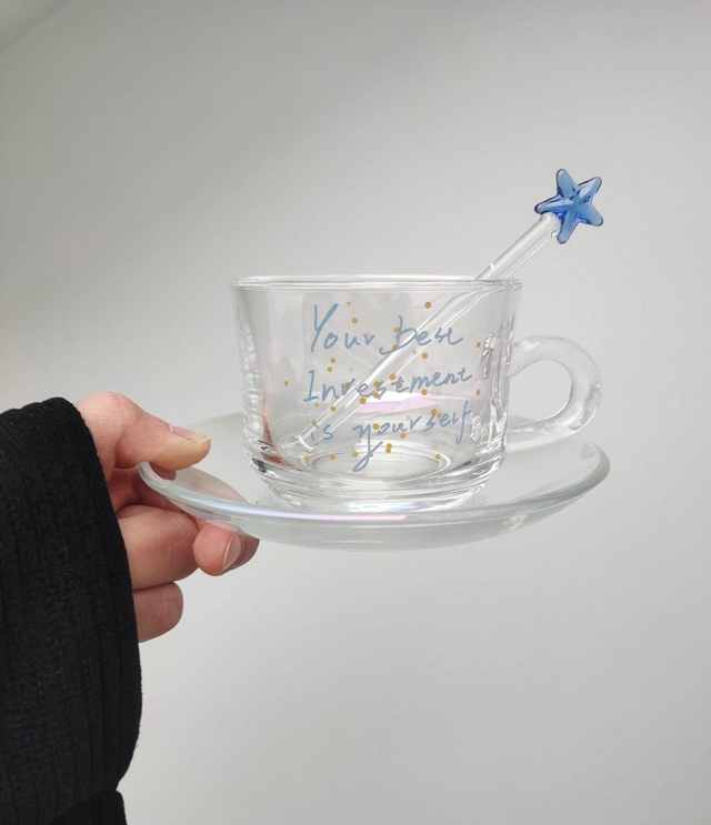 Tasse à café et soucoupe en verre nacré message étoile