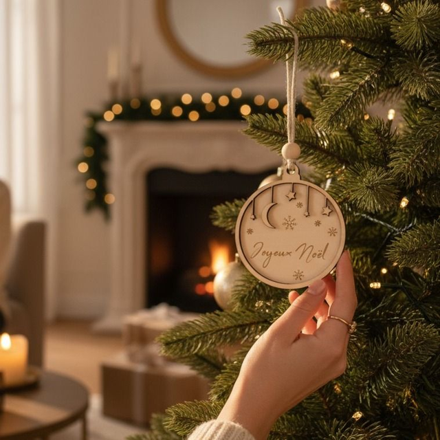 Boule de Noël en bois personnalisée - décoration de sapin gravée, déco Nuit
