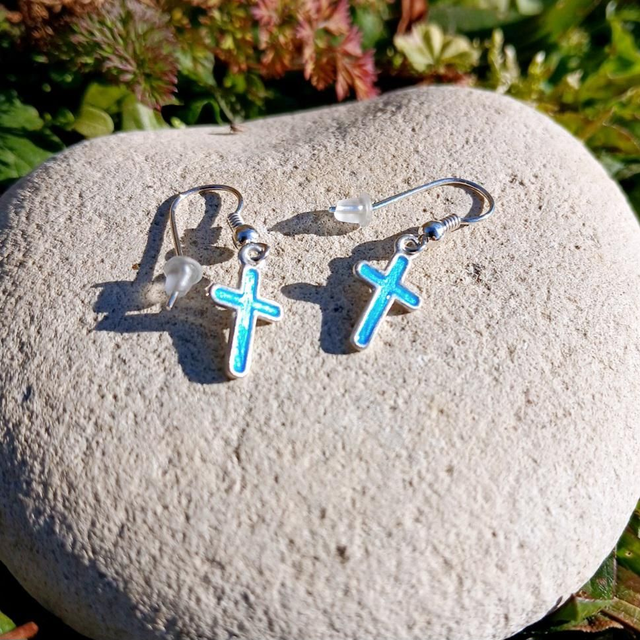 Boucles d'oreilles "Croix" en émail champlevé sur argent 