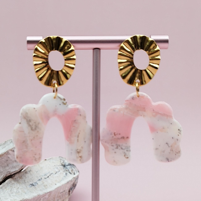 Boucles d'oreilles "Nubéis" Effet Marbre Blanc, Rose et Doré