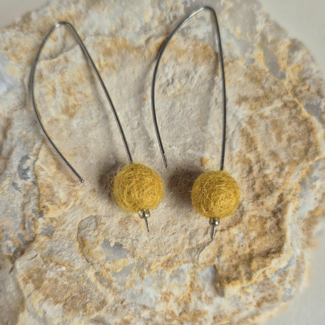Felt wool ball earrings, Ochre