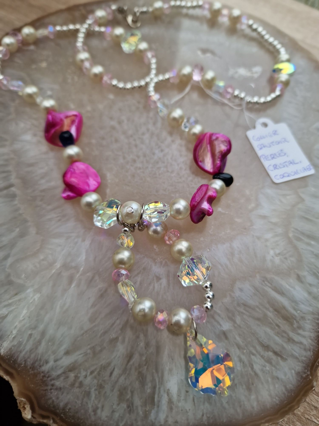 Collier Sautoir Perles Nacrées Perles Cristal Perles Coquillage Fuchsia