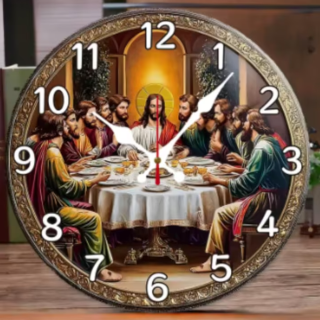Ronde wandklok van hout Het Laatste Avondmaal (25cm)