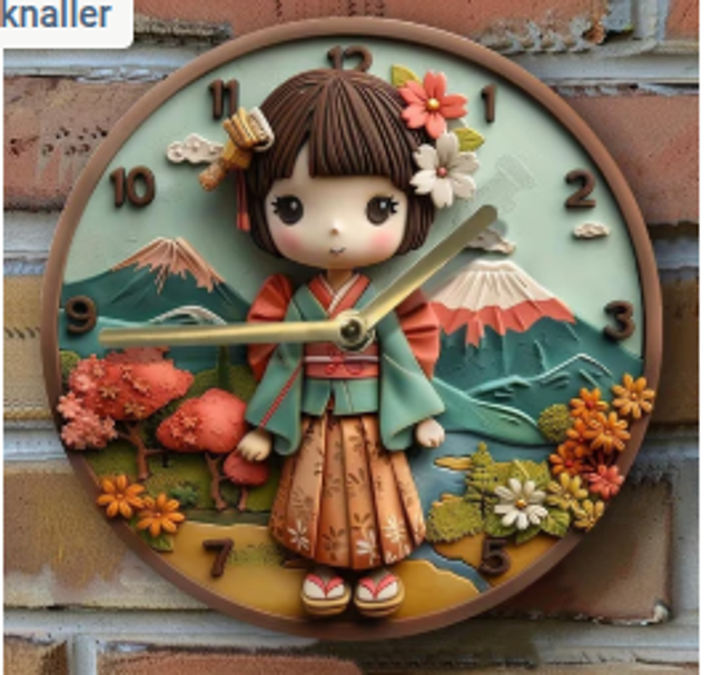 Vintage metalen klok Japans Kimono (20cm diameter)