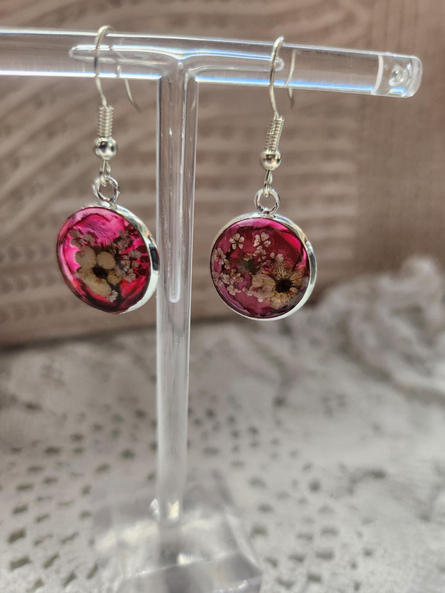 Boucles d'oreilles fleurs fond rose et argent