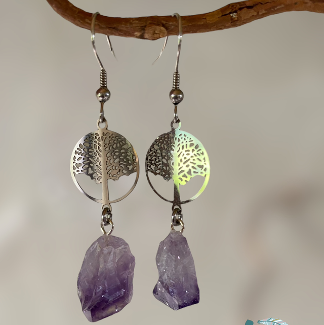 Boucles d’oreilles arbre de vie en Améthyste brute