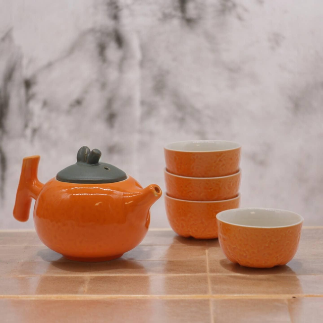 Service à thé Japonais - Orange - Théière et quatre tasses