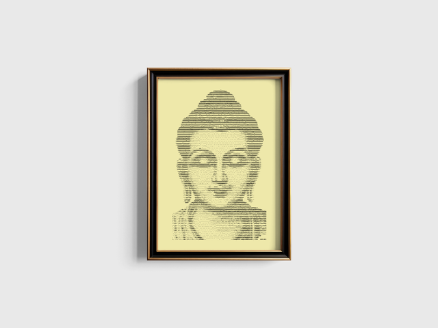 A3 Schreibmaschinen-Porträt Buddha in Schwarz auf Elfenbein