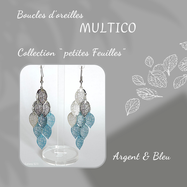 Boucles d&#039;oreilles MULTICO - Collection petites Feuilles - Argent et Bleu