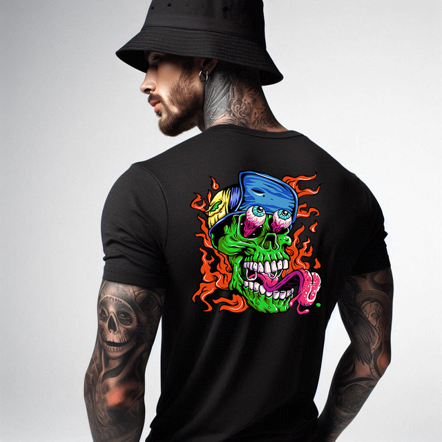 Unique Eye Popping Licking Skull Black Soft Spun Patterned T-Shirt
