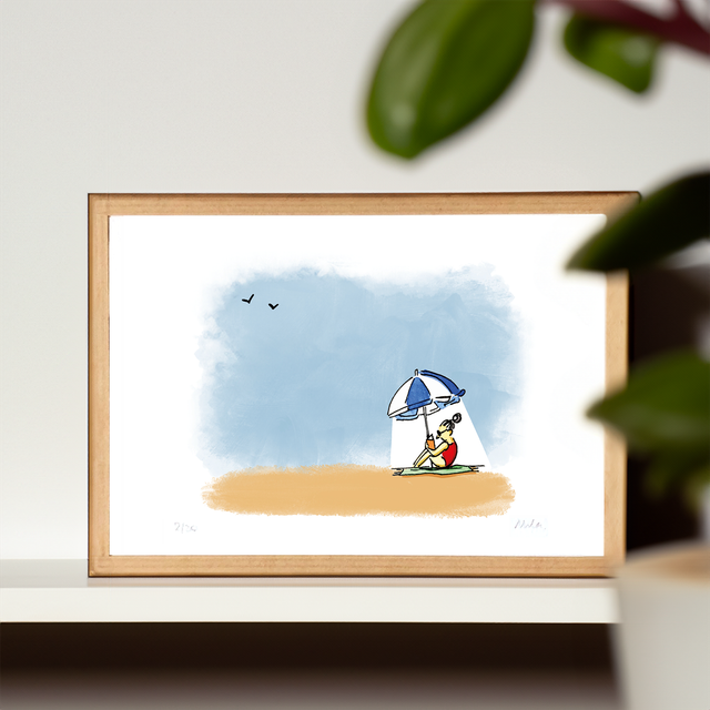 Woman Reading on a Breton Beach – Framed Art Print – Wall Decor for Book Lovers & Sea Enthusiasts