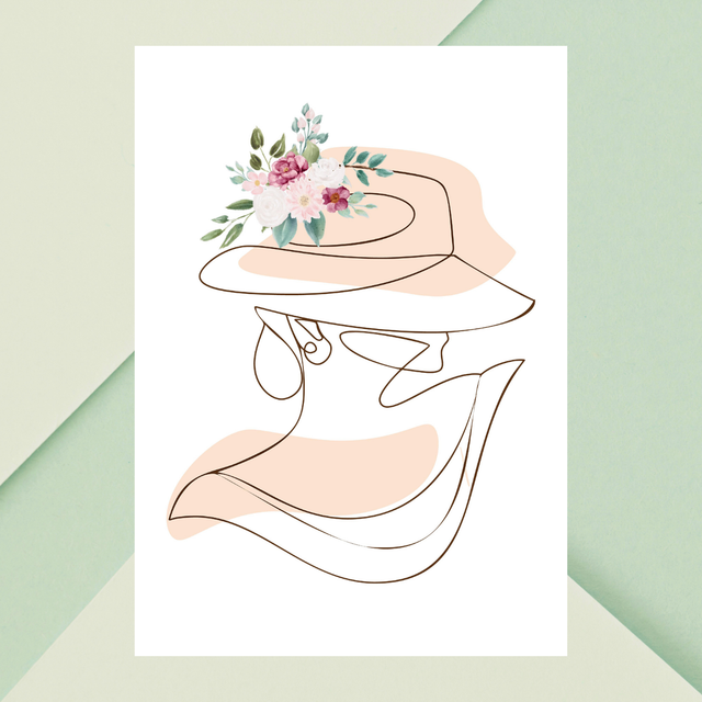 Élégant Art Linéaire Beige - Dame au Chapeau Floral - Art Mural Moderne / Elegant Beige Line Art - Floral Hat Lady - Modern Wall Art  