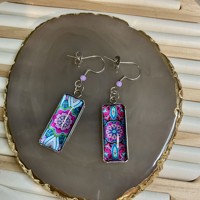 Handmade cabochon earrings. Beautiful asymmetrical mandala design.