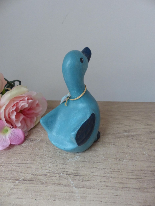 Figurine Canard bleu en poterie, Collection canard marine artisanal peint main, Canard décoration chambre bleue, canard joyeux pour cuisine