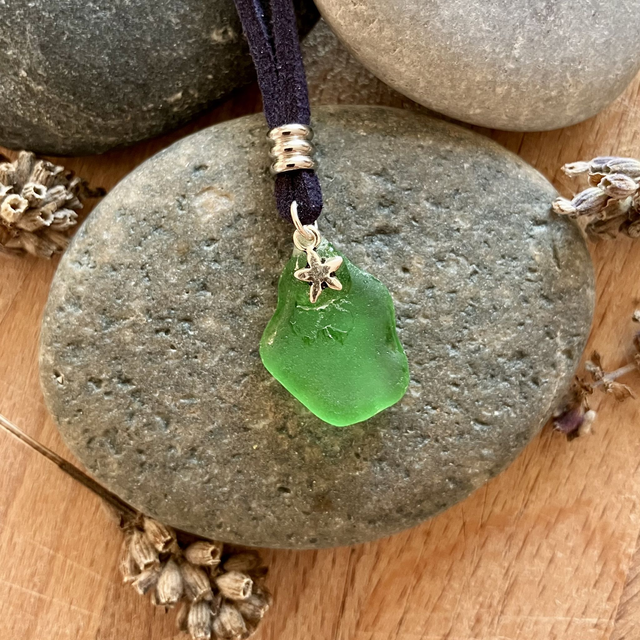 Cornish Sea Glass &amp; Silver Star Pendant