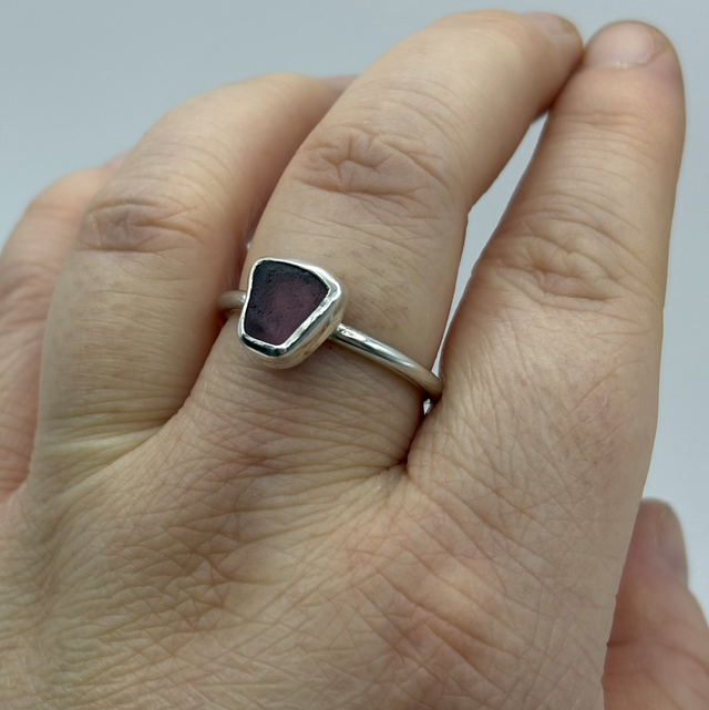Purple Seaglass & Recycled Silver Ring Size R