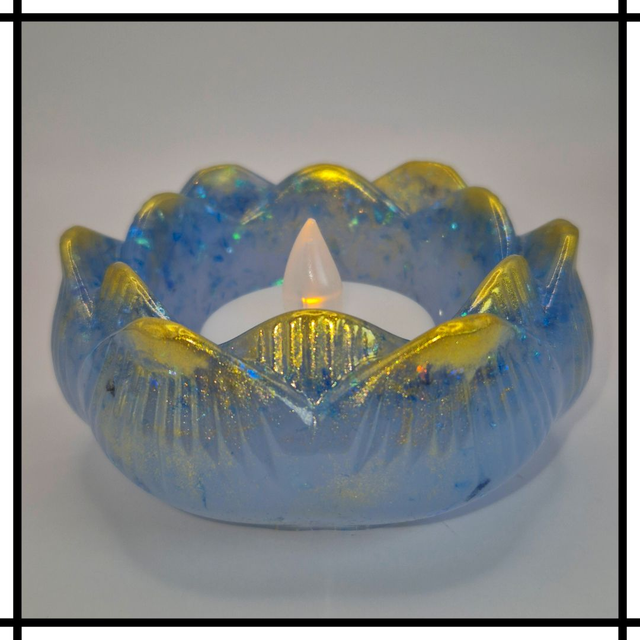 Handmade Resin Small Flower Tealight Holder – Iridescent Blue Pearl &amp; Gold | Decorative Mindfulness Home Décor - SFT-001