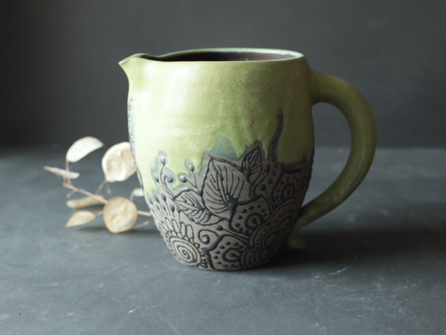 Green Stoneware Pitcher Henna Pottery Wine Jug, water/milk/juice, handmade