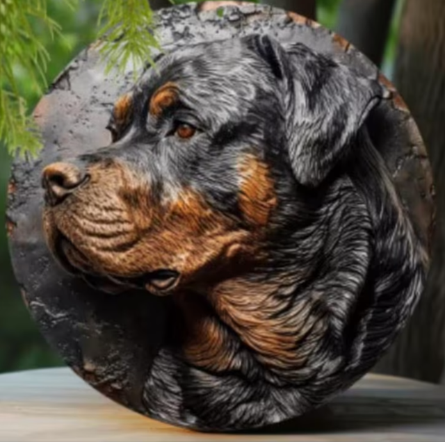 Vintage rond metalen bord Rottweiler gezicht (20cm)