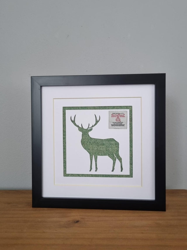 Silhouette of Stag 8x8 Green Harris Tweed Frame