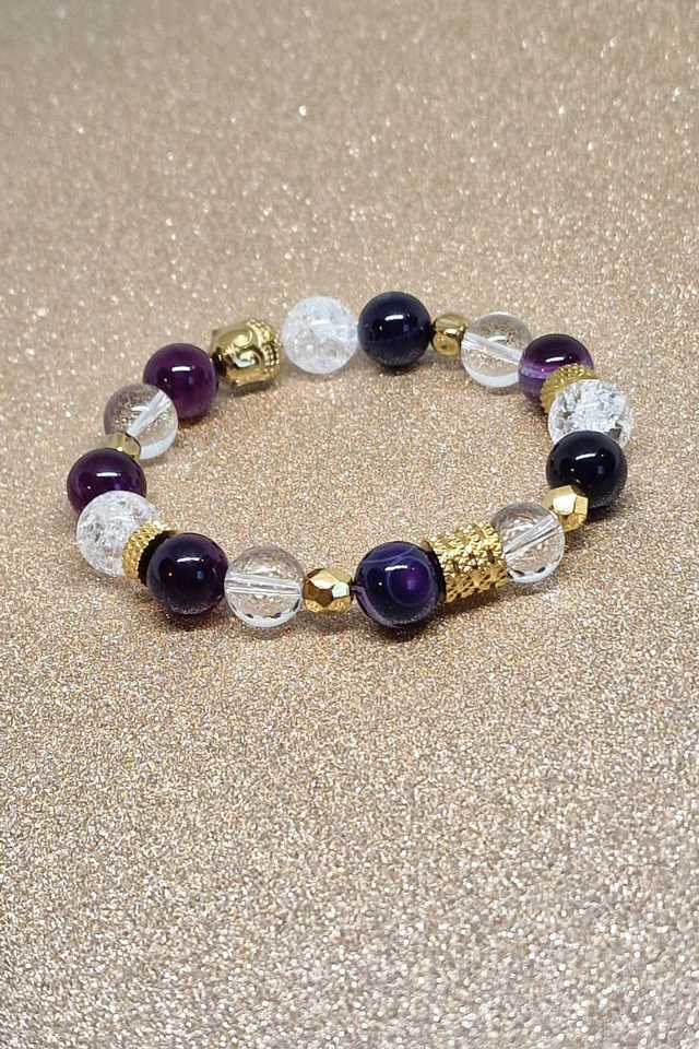 Bracelet Agate rayée mauve et Cristal de roche en 1cm 