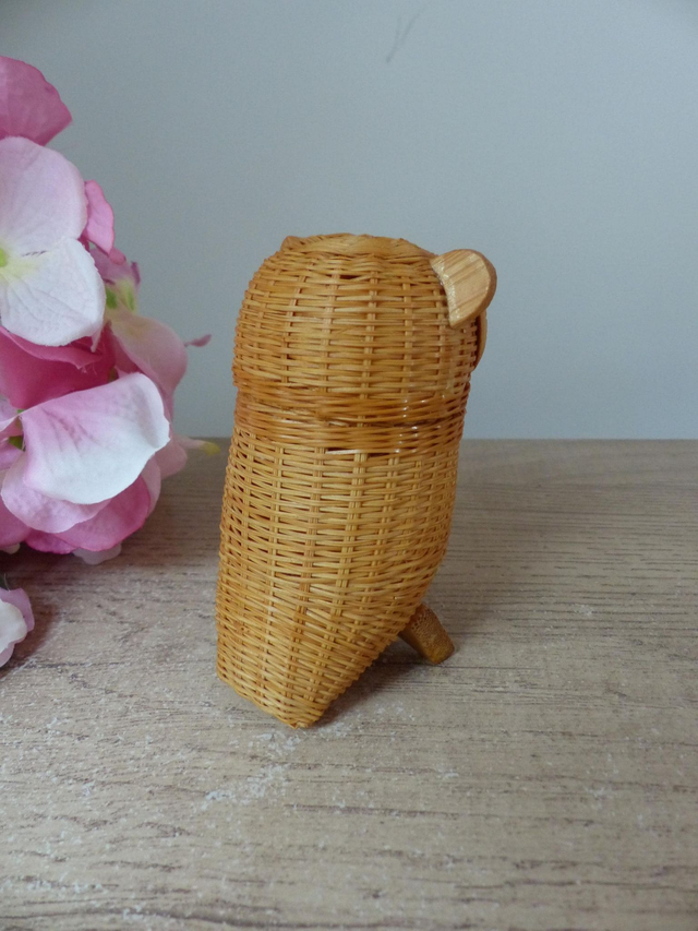 Petite Boîte Hibou en Osier Tressé – Vintage et Fait Main – Rangement Bijoux ou Déco Naturelle