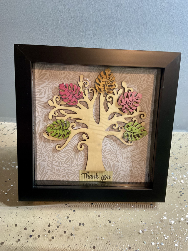 Wooden tree frame with colourful wooden leaves. Thank you gift.