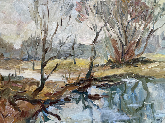 Spring on the lake. Oil painting on canvas. Original art