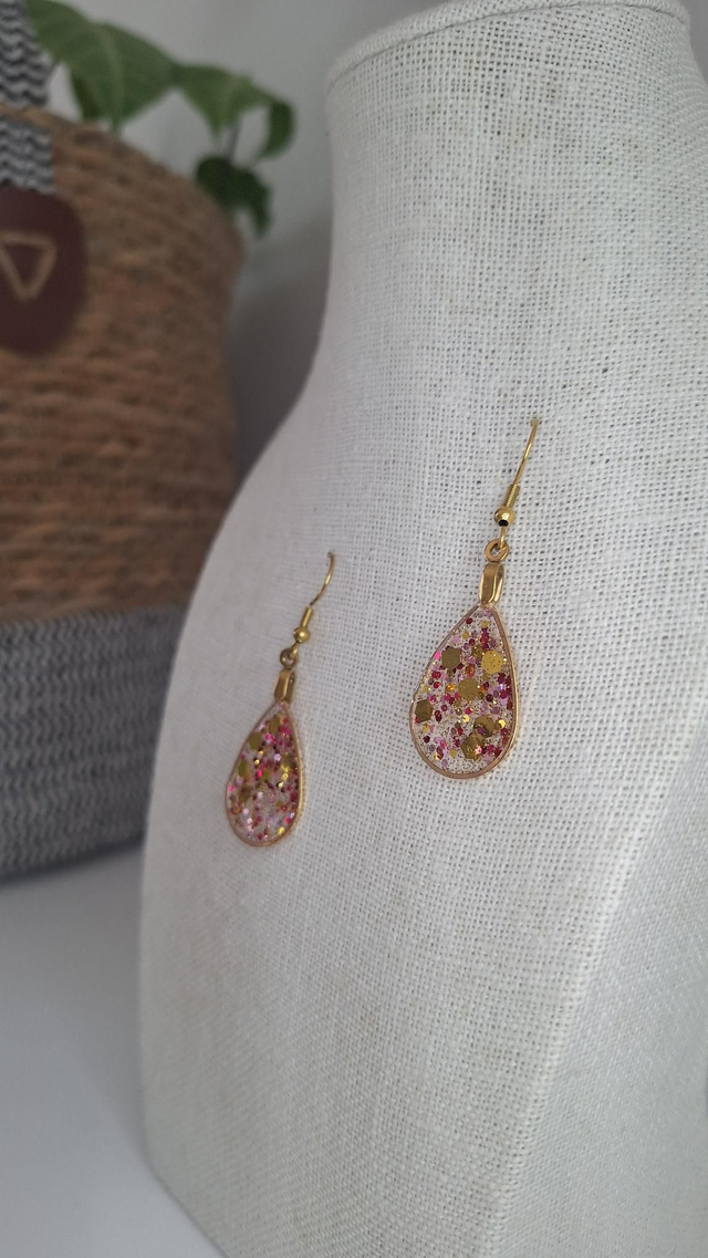 Boucles oreilles gouttes paillettes dorées/roses
