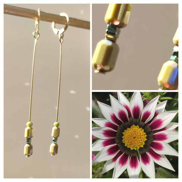 Dormeuses kaki aux reflets dorés longues en acier inoxydable doré -sans nickel, pièce unique 