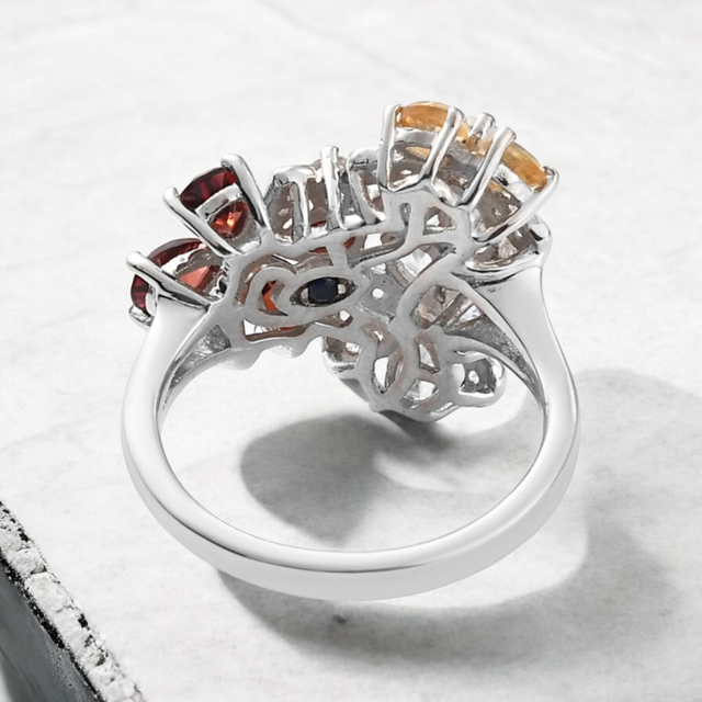 Mozambique Garnets & Multicoloured Gemstones Platinum Filled Ring.