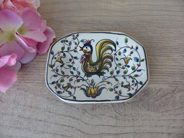 Porte-savon ou vide-poche en céramique du Portugal – Motif coq peint main – Pièce signée Almeida - Décoration pour Cuisine ou Salle de Bain