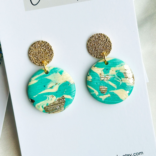Medium green and gold terazzo style earrings with textured stud top