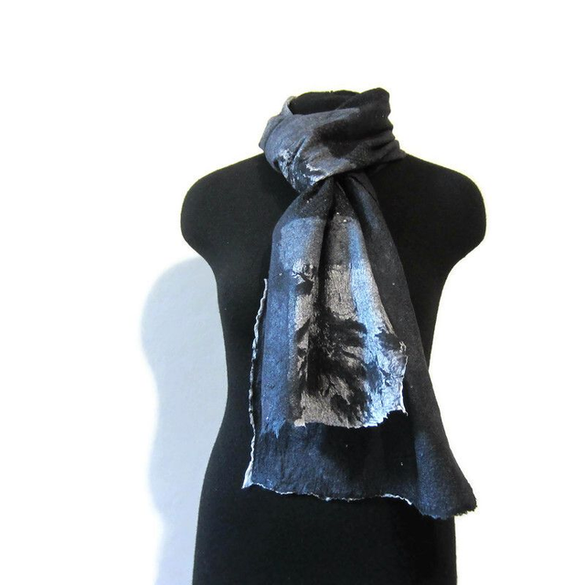 Sciarpa nera lana seta infeltrita Sciarpa paillettes Sciarpa lunga calda donna fatto a mano regali unici per le donne
