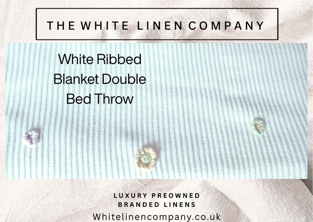 THE WHITE COMPANY - White Cotton Ribbed Blanket Rug Throw - Brilliant White with Hand Sewn Flowers